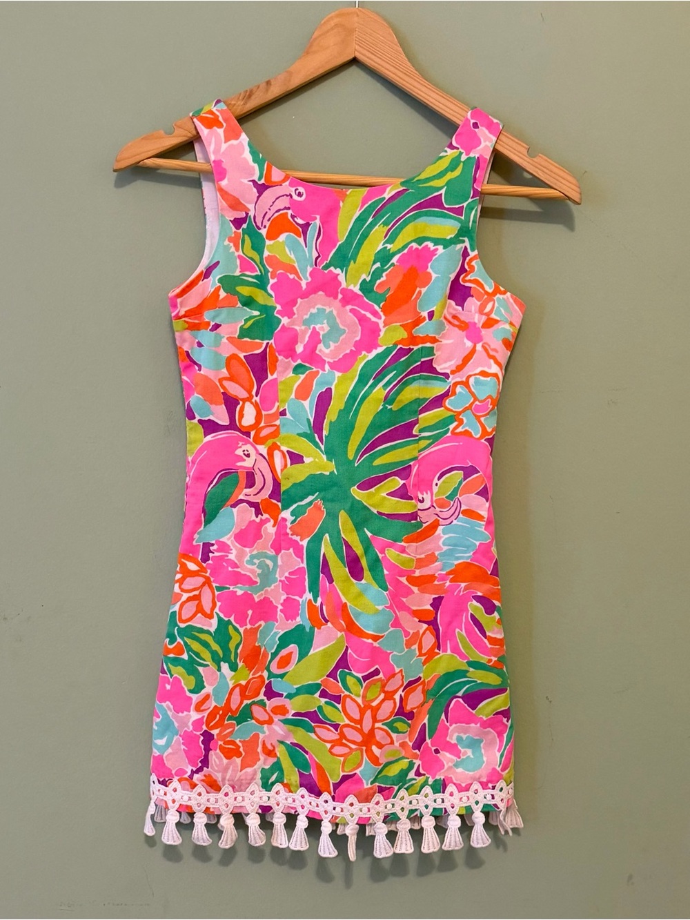 Lilly Pulitzer Girls Flamingo Floral Tassel Dress Pink Green Kids size 10